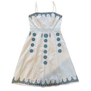 LOFT Ivory and Teal Embroidered Mini Dress